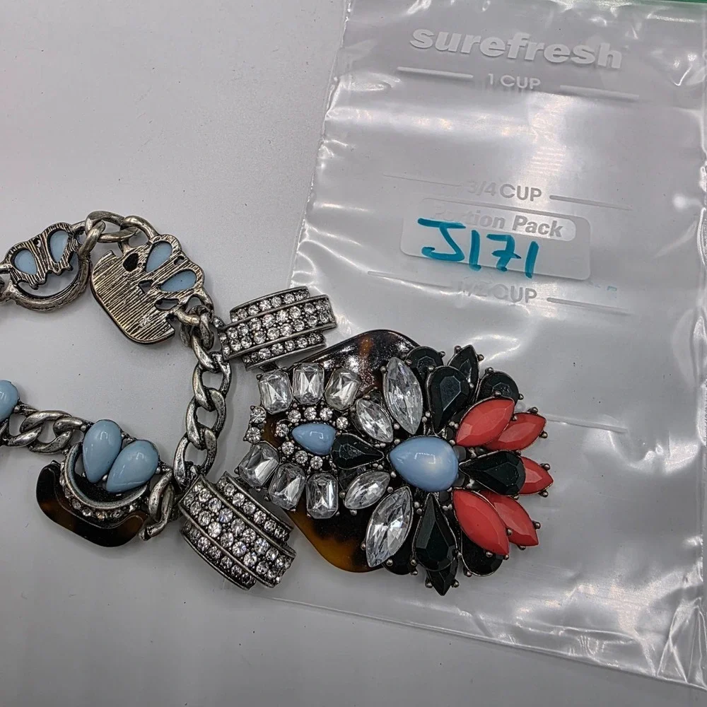 Antique Silver‎ Statement Necklace Link Chain Lobster Multicolor Rhinestone 25